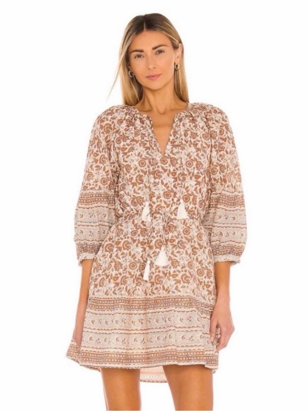 Cleobella Rosy Mini Dress Tamil Block Print Tassel Tie Boho Cream Brown Size M